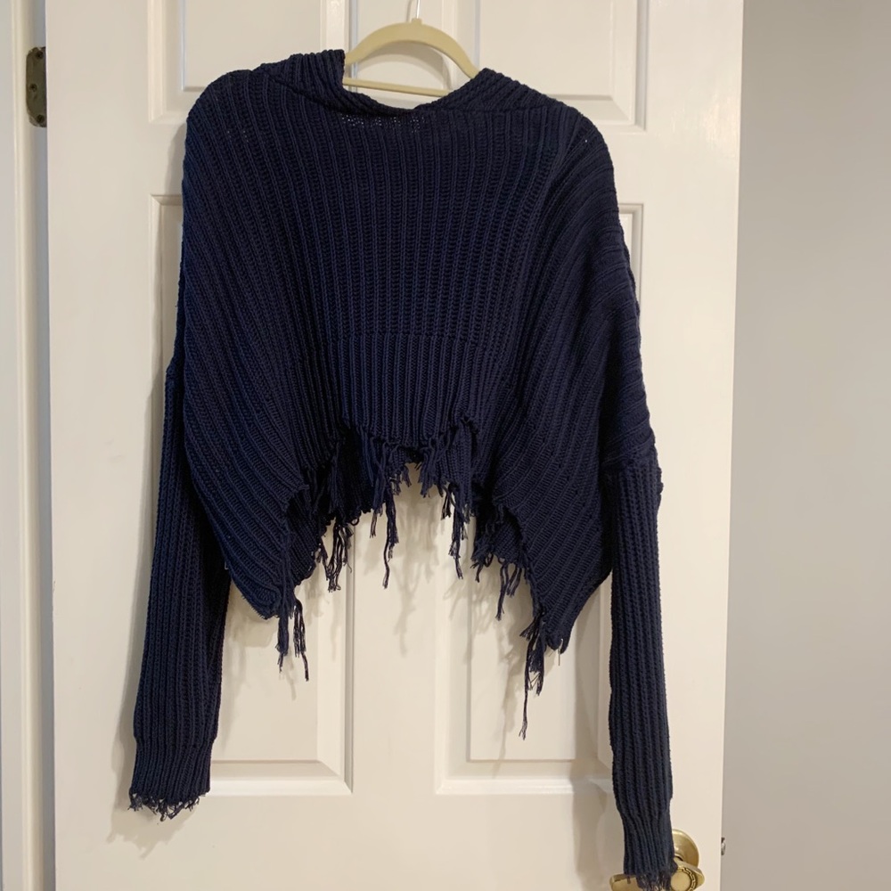 ruby and jenna cropped navy frayed sweater